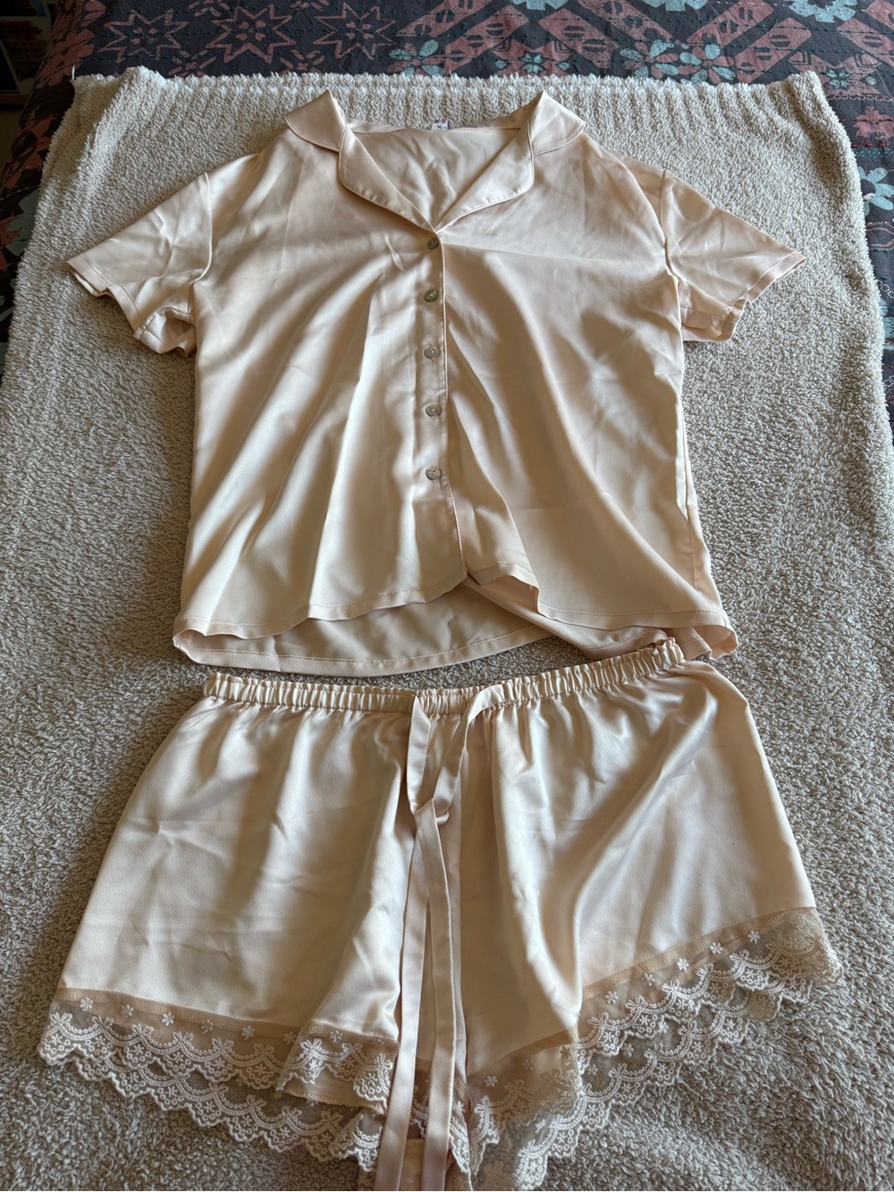 Women's Lace-Trim Satin Pajama Set - Cream